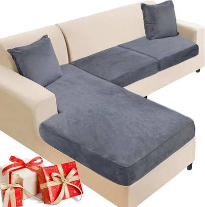 NAISI Sectional Couch Cover 3 Pieces Velvet Separate Couch Cushion Covers L Shape Soft Stretch Sofa Slipcovers with 2pcs Pillowcases for Left/Right Chaise Sectional Couch(2 Seater+1 Chaise,Dark Grey)