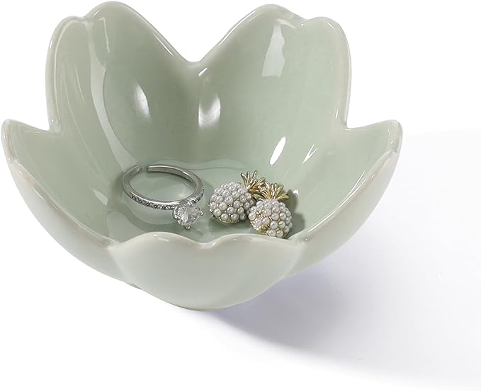 Flower Ring Dish Holder,Jewelry Dish Tray,Small Trinket Tray,Jewelry Plate Bowl,Key Bowl,Decorative Plate,Birtdhay Christmas Gifts for Women Friends,Ceramic Kiln effect Green