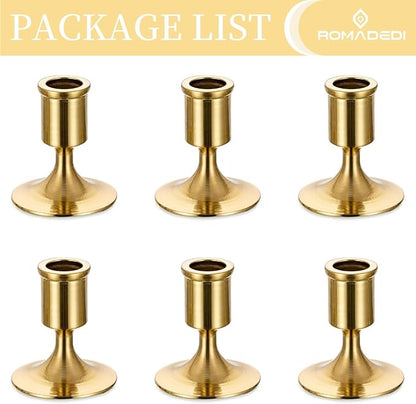 Romadedi Gold Candlestick Candle Holders for Taper, 6 PCS Gold Brass Color Candle Stick Candle Holder for Table Centerpiece, Wedding Reception, Festive Christmas Mantel Decoration or Home Decor