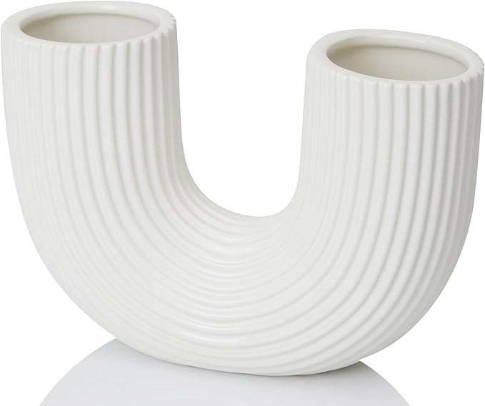 White Ceramic Vase Decor, U-Shaped Stripes Vase, Modern Decorative Vase, Aesthetic Vase for Modern Homes, Offices, Ideal Gift for Birthdays and Special Occasions