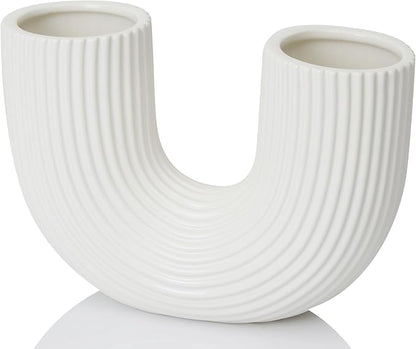 White Ceramic Vase Decor, U-Shaped Stripes Vase, Modern Decorative Vase, Aesthetic Vase for Modern Homes, Offices, Ideal Gift for Birthdays and Special Occasions