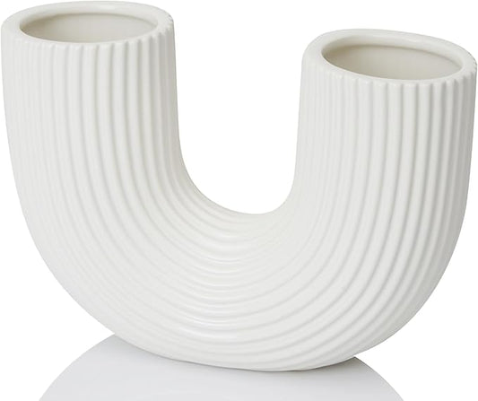 White Ceramic Vase Decor, U-Shaped Stripes Vase, Modern Decorative Vase, Aesthetic Vase for Modern Homes, Offices, Ideal Gift for Birthdays and Special Occasions