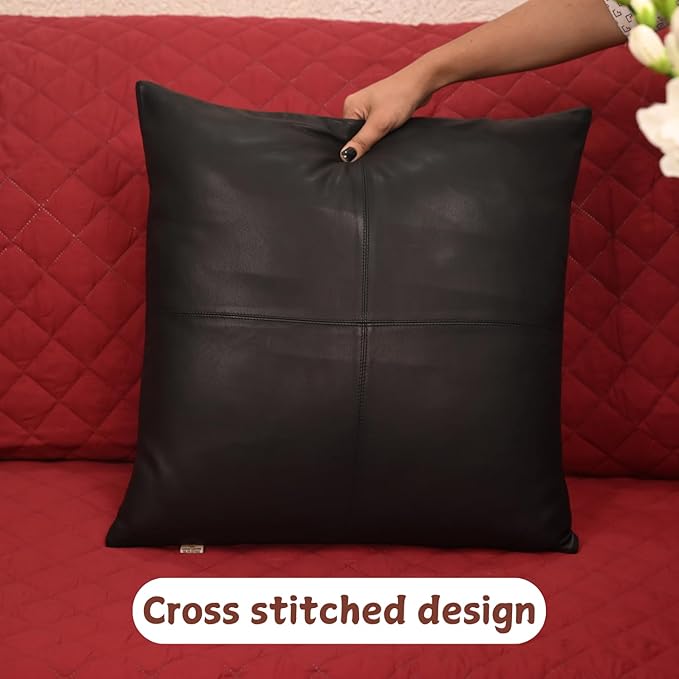 Lambskin Leather Pillow Cover - Sofa Cushion Case - Decorative Throw Covers for Living Room & Bedroom, 20x20 Inches - Black (02) Pack of 2