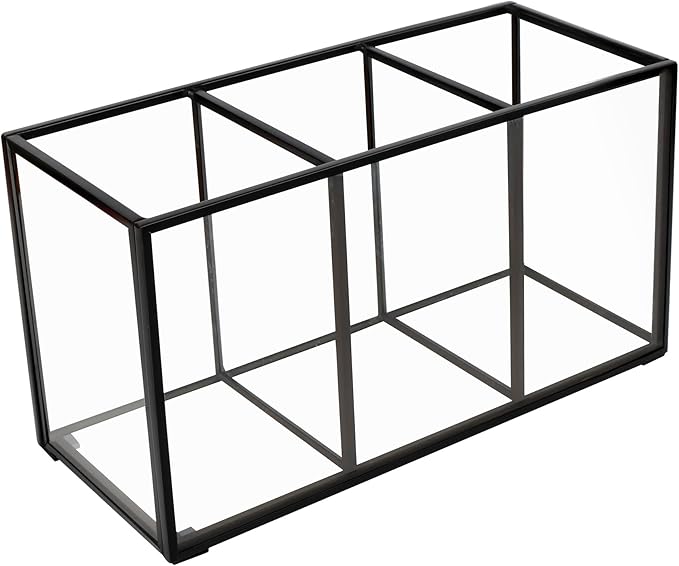 Pencil Holder for Desk,Tempered Glass Pen Holder,3&4 Compartments,Desktop Storage Organizer for Office Supplies,School Supplies,Pens,Markers,Pencils,Scissors,Paperclips (Black, 3 compartments)