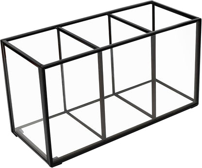 Pencil Holder for Desk,Tempered Glass Pen Holder,3&4 Compartments,Desktop Storage Organizer for Office Supplies,School Supplies,Pens,Markers,Pencils,Scissors,Paperclips (Black, 3 compartments)