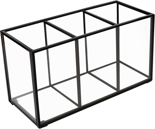 Pencil Holder for Desk,Tempered Glass Pen Holder,3&4 Compartments,Desktop Storage Organizer for Office Supplies,School Supplies,Pens,Markers,Pencils,Scissors,Paperclips (Black, 3 compartments)