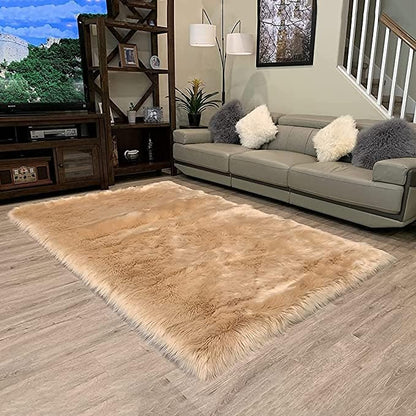 LAMBZY High Pile Super Soft Faux Sheepskin Rug (Beige, 2'x3')