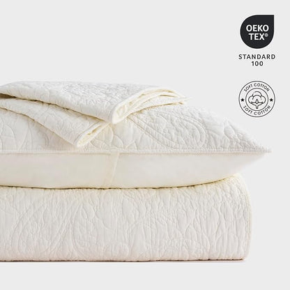 EVERGRACE 100% Cotton Paisley Quilt Set, Queen Size 3 Piece Set – Prewashed Lightweight Bedspread with 2 Shams, Soft & Breathable Matelasse Coverlet for All-Season Comfort, Ivory Cream