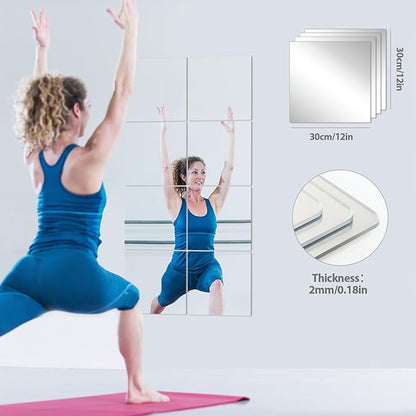 Abyssaly 4 Pack Acrylic Mirror Tiles, Stick on Mirrors for Wall, Flexible Plastic Mirror Sheets Wall Stickers Small Espejos for Bedroom Home Gym Door, 7.87" x 7.87"