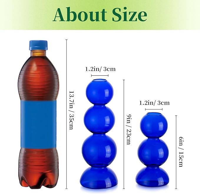 Glass Bubble Vases for Flowers, Hewory 2pcs Blue Unique Cute Single Flower Vase for Centerpieces, Funky Aesthetic Vase Skinny Bud Vase, Cool Groovy Decor for Home Living Room Bedroom Office Tabletop