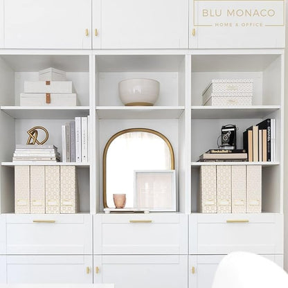 BLU MONACO Decorative Foldable Magazine Storage Boxes for Desk - Set of 4 Gold Magazine Holders with Cream Woven Design – Vintage Magazine File Organizer – Book Bins & Office Décor Storage Solution