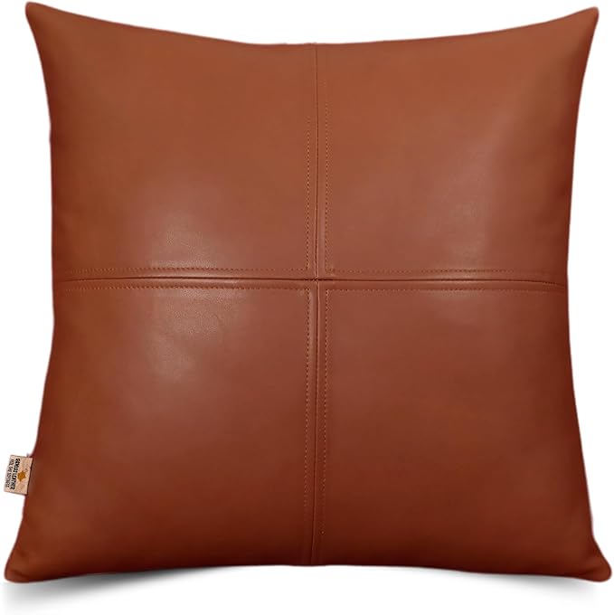 Lambskin Leather Pillow Cover, Hand Panel Stitched Leather Decorative Throw Pillow Covers for Couch Sofa Bed Living Room Garden (14x14 Inches, Brown Pack of 1)
