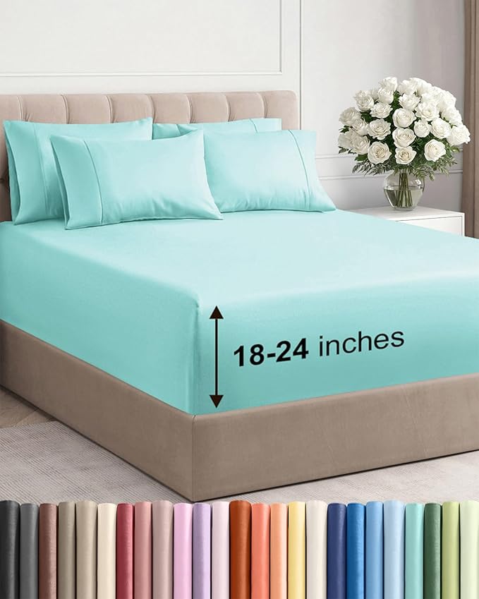 Extra Deep Full Sheet Set - 6 Piece Breathable & Cooling Sheets - Hotel Luxury Bed Sheets Set - Easy & Secure Fit - Soft, Wrinkle Free & Comfy Sheets Set - Spa Blue Sheet Set with Extra Deep Pockets