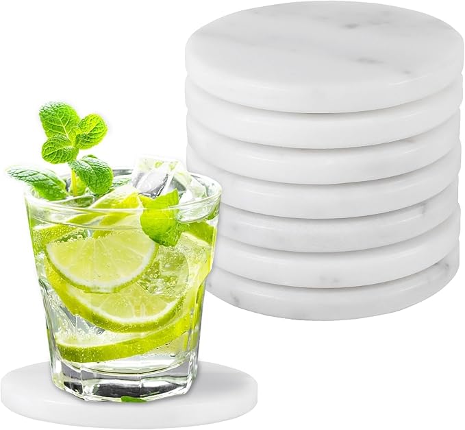 Natural White Marble Coasters Set of 8,4 Inch Round Drink Coasters with Non-Slip Feet,Heat Resistant Coaster for Home Decor and Coffee Table