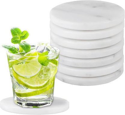Natural White Marble Coasters Set of 8,4 Inch Round Drink Coasters with Non-Slip Feet,Heat Resistant Coaster for Home Decor and Coffee Table