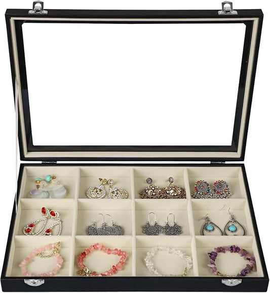 Stratalife Jewelry Organizer Bracelet Holder Organizer Box Earring Storage Drawer Jewelry Display Anti Tarnish Ring Holder For Women Girls 12 Grid (Beige Black)