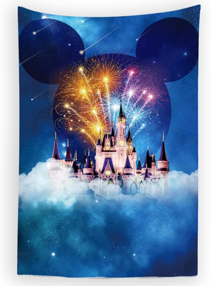BULOR 40X60inch Castle Night Children Tapestry, Fairy Night Blue Firework Dreamy Wall Hangings Tapestry for Kids Baby Birthday Bedroom Living Room Dorm Man Cave Background
