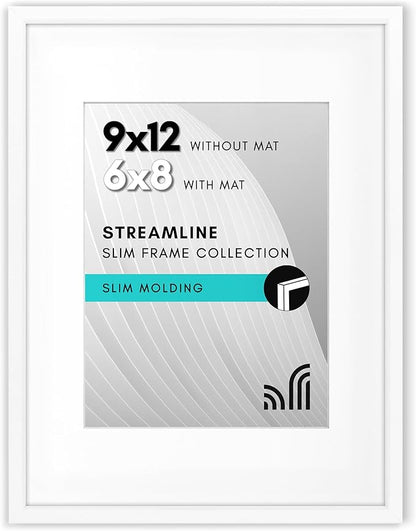 Americanflat 9x12 Picture Frame with Shatter-Resistant Glass - Use as 6x8 Frame with Mat or Display 9x12 Photo Without Mat - Streamline Collection - Picture Frames for Tabletop and Wall - White
