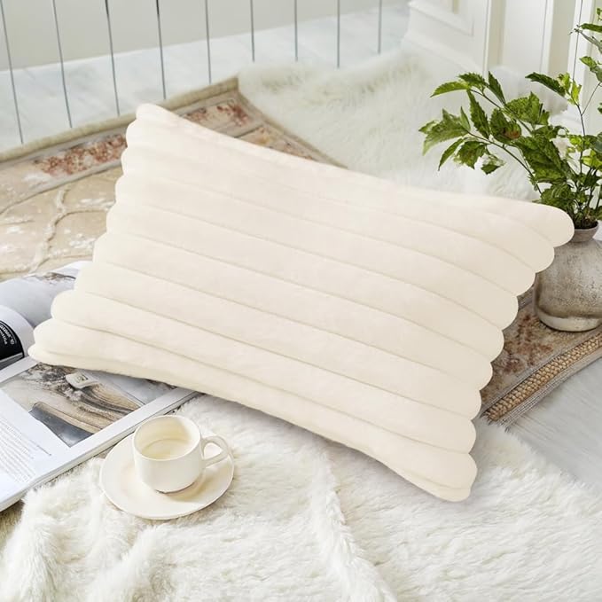 decorUhome Faux Fur Spring Throw Pillow Covers 12x20 Set of 2, Decorative Soft Plush Striped Lumbar Neutral Couch Pillow Covers with Velvet Back for Sofa, Bed, Living Room Home, Cream White