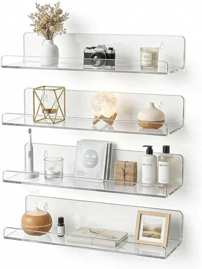 4-Pack Clear Acrylic Floating Shelves, Space-Saving Invisible Wall Shelves for Bathroom Kitchen Office Living Room, Modern Decor Set