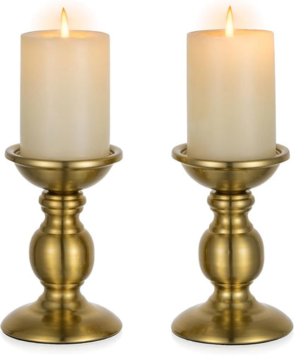 NUPTIO Gold Candle Holder for Table: Brass Pillar Candle Stand Decorative for Fireplace Decor - Metal Vintage Candleholder for Christmas New Year Party Centerpiece(2 x S)