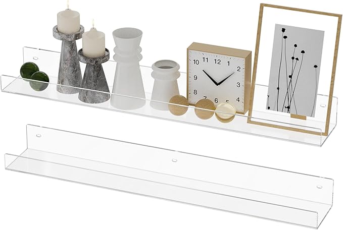 24'' Clear Acrylic Wall Long Shelf 2 Pack, Acrylic Floating Book Shelves, Wall Mounting Invisible Ledge Book Shelf