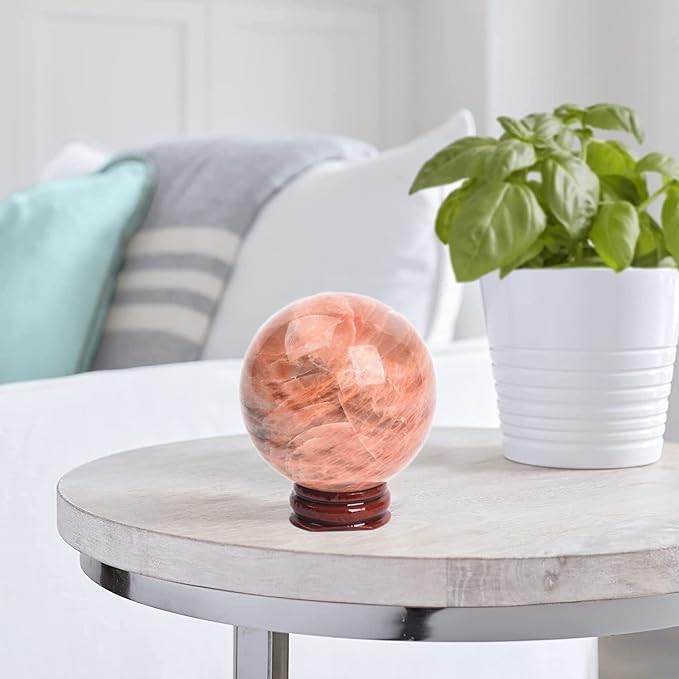 JIC Gem Orange Moonstone Crystal Ball Healing Crystals Sphere with Decorative Wooden Stand 2-2.3 inch (50-60mm)