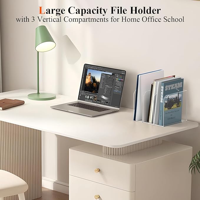 Jumyee Acrylic Magazine Holder with 3 Vertical Compartments, Clear Desk Mail Organizer Magazine File Rack, Book Holder Paper Folder Binder Holders Office Organization for Desk Accessories