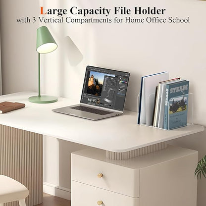 Jumyee Acrylic Magazine Holder with 3 Vertical Compartments, Clear Desk Mail Organizer Magazine File Rack, Book Holder Paper Folder Binder Holders Office Organization for Desk Accessories