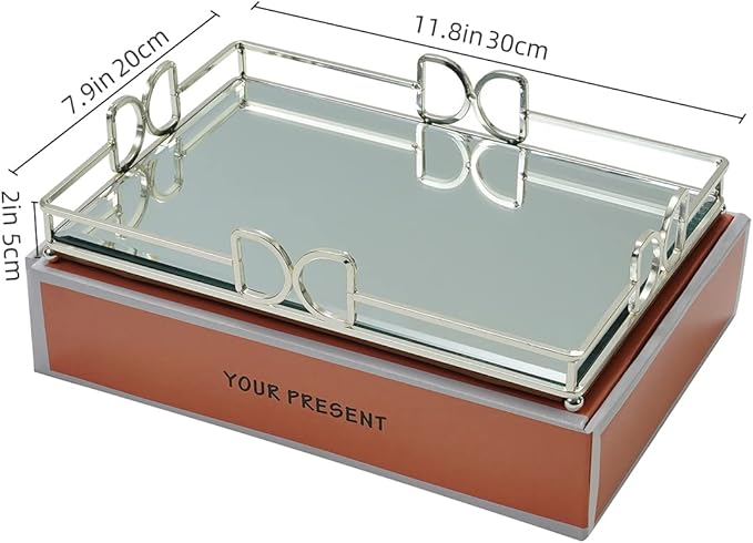Decorative Tray, Bright Silver, Modern Premium Feeling Perfume Tray, Luxury Rust-Proof Glass Tray for Bathroom, Dresser, Bedroom