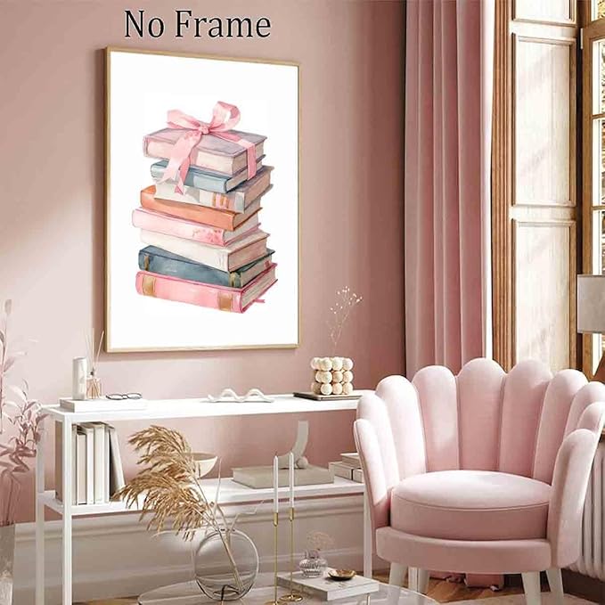 Book Lover Posters Pink Bow Pictures Book Stack Poster Inspirational Picture Educational Prints Coquette Trendy Preppy Poster Aesthetics Pink Girls Dormitory Living Room Decor 16x24inch No Frame