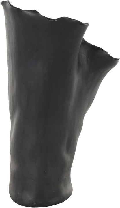 Deco 79 Ceramic Abstract Floral Inspired Vase with Wavy Folded Rim, 9" x 11" x 16", Black