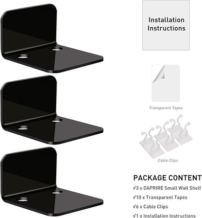 OAPRIRE Acrylic Floating Wall Shelves Set of 3, Drill Free with10 Piece Strong Tapes - Universal Small Adhesive Shelf for Security Cameras, Baby Monitors with Cable Clips (Black)