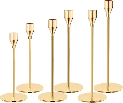 Candlestick Holders 6pcs Taper Candle Stick Holder Set, Mantel Brass Gold Candlestick Holder Set for 3/4" Taper&Led Candle, Modern Stylish Candle Decor for Wedding/Party/Dinning/Anniversary