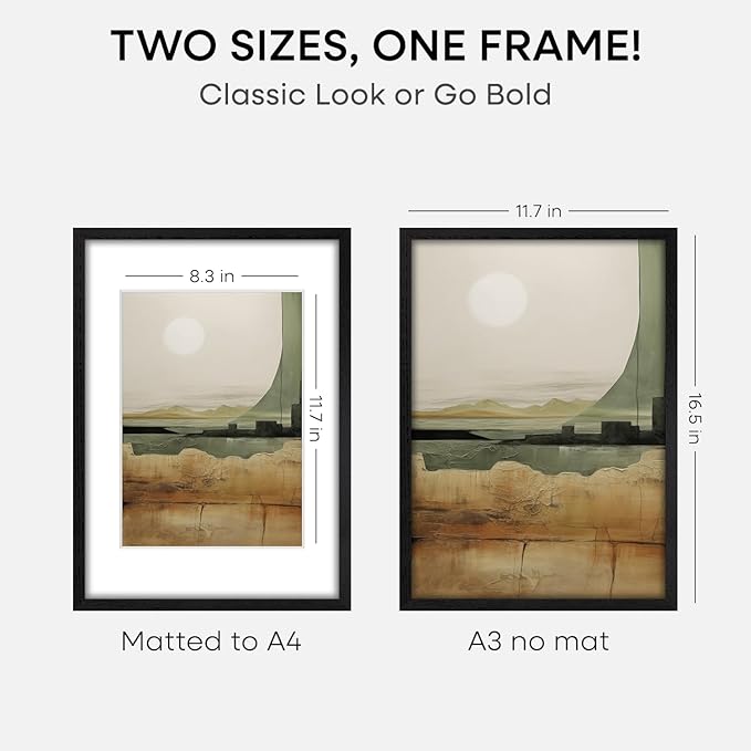 Homeforia A3 Picture Frame Black Wood, High-End Oak 11.7 x 16.5 Black Poster Frames Matted to 8.3 by 11.7 Photo, 11.7x16.5 Size Wooden Frame with Mat 8.3x11.7 Print, Tempered Glass, Wall Kit, Set of 2
