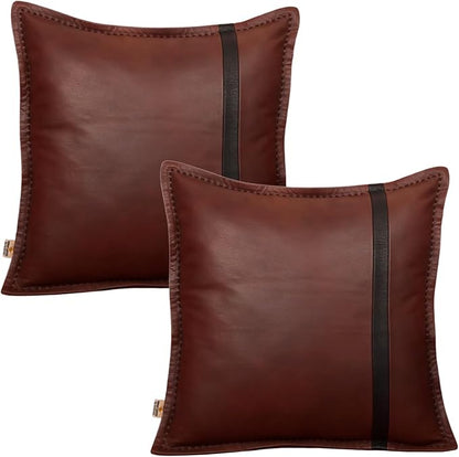 Genuine Lambskin Leather Pillow Cover, 20x20 Inch Case for Lumbar Throw Couch Pillows, Thick & Soft Cushion Covers for Sofa Bed Home Décor (Dark Brown & Black Box Pack of 2)