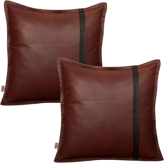 Genuine Lambskin Leather Pillow Cover, 18x18 Inch Case for Lumbar Throw Couch Pillows, Thick & Soft Cushion Covers for Sofa Bed Home Décor (Dark Brown & Black Box Pack of 2)
