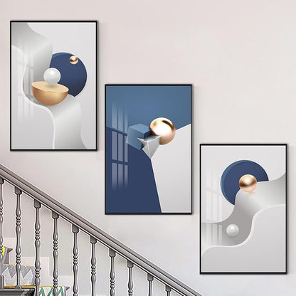 QKF Large Frame Canvas Wall Art Glossy Blue Geometry Modern Living Room, Bedroom, Office Fashion Wall Decoration 3-piece Set of Poster Prints 24 "X 32"