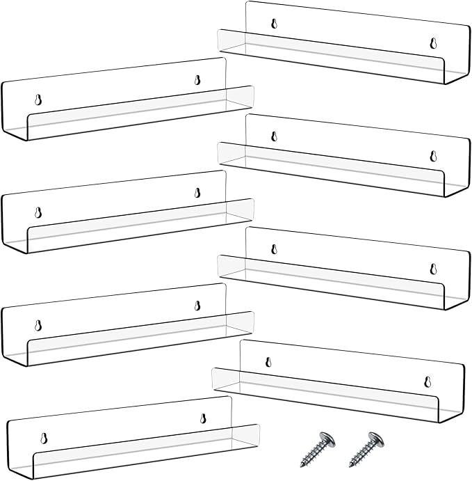 Blulu 8 Packs 14 Inch Acrylic Floating Shelf Wall Mounted Invisible Acrylic Shelf Ledge Floating Bookshelf for Living Room Office Bedroom Bathroom Kitchen Decoration Space Save (Clear)