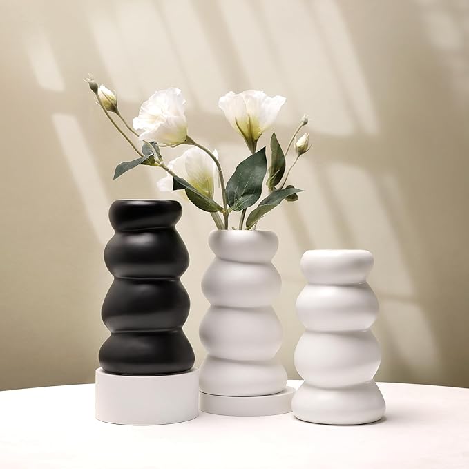 BosilunLife Ceramic Vase with Stacked Bubble Design – Boho Modern Sculptural Flower Vase for Home Decor, Shelf or Table Centerpiece (Black)