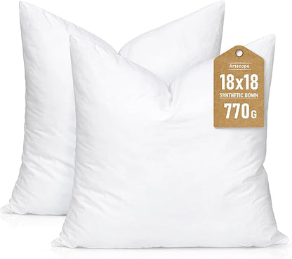 Artscope Synthetic Down Pillow Insert, 18x18 Down Alternative Throw Pillow Insert. Ultra Soft Fluffy Sleeping Pillow with 100% Cotton Cover, Decorative Pillows Set of 2-White.