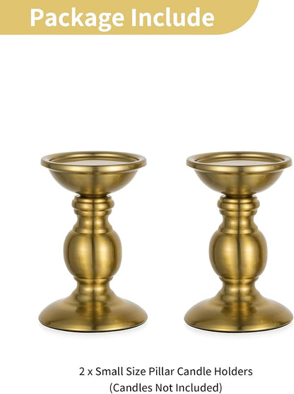 NUPTIO Gold Candle Holder for Table: Brass Pillar Candle Stand Decorative for Fireplace Decor - Metal Vintage Candleholder for Christmas New Year Party Centerpiece(2 x S)