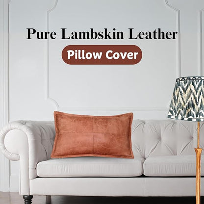 100% Lambskin Leather Pillow Cover - Sofa Cushion Case - Decorative Throw Covers for Living Room & Bedroom, 12x20 Inch - Mango Tan Crunch Box Pack of 1