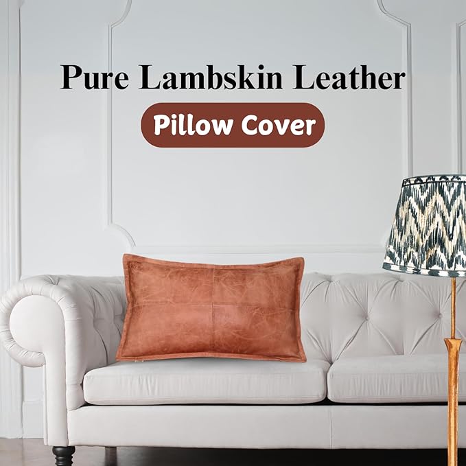 100% Lambskin Leather Pillow Cover - Sofa Cushion Case - Decorative Throw Covers for Living Room & Bedroom, 12x20 Inch - Mango Tan Crunch Box Pack of 2