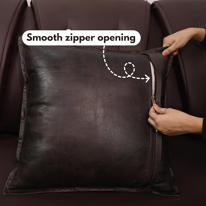 D DOLLY LAMB Lambskin Leather Pillow Cover - Sofa Cushion Case - Decorative Throw Covers for Living Room & Bedroom, 18x18 Inches - Dark Brown Crunch Box Pack of 2