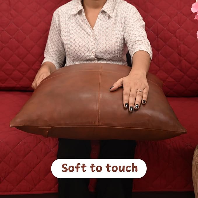 Lambskin Leather Pillow Cover - Sofa Cushion Case - Decorative Throw Covers for Living Room & Bedroom, 22x22 Inches - Mango Tan Antique Pack of 2