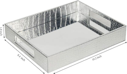 Vixdonos Decorative Mirror Tray,Silver Vanity Tray,Leather Catchall Organizer for Makeup,Perfume and Cosmetic on Dresser or Coffee Table(Small, Silver)
