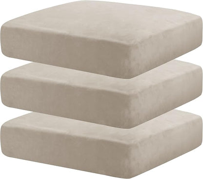 MAXIJIN Velvet Stretch Cushion Covers Fitted Couch Cushion Slipcovers Sofa Seat Cushion Covers for Individual Cushions with Elastic Bottom (3 Piece Sofa Seat Slipcovers, Khaki)