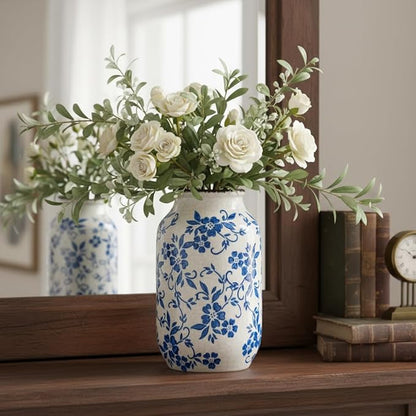 Blue and White Ceramic Vase for Flowers,9 inch Rustic Vintage Chinoiserie Vases Home Decor, Farmhouse Decor, Shelf, Living Room, Bedroom, Table Decoration