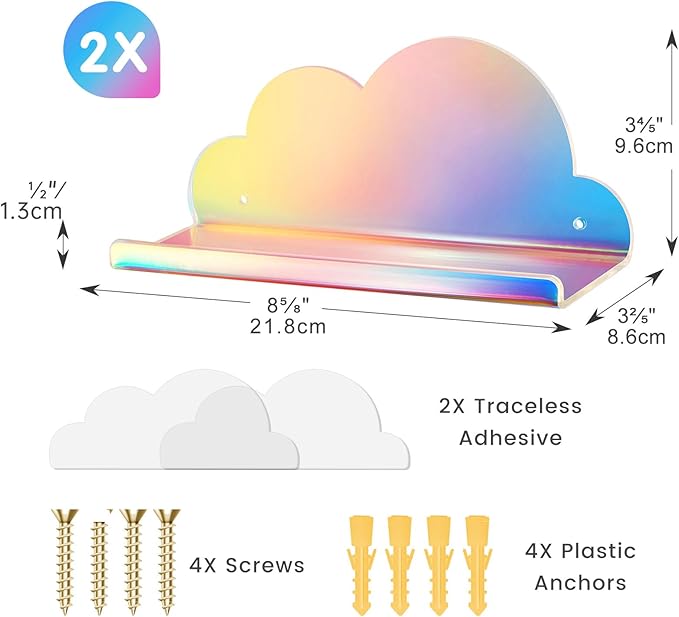NiHome Iridescent Acrylic Floating Shelves, 2 Pack Cloud Shelves - Large Floating Shelf for Wall, Wall Mountable and Multi-Functional for Home Décor, Bathroom, Kitchen, Bedroom (Large, 2 Pack)
